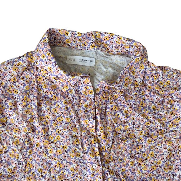 Zara Short Sleeve Crop Button Down Floral Top Purple White Size 11-12 years - Picture 3 of 7